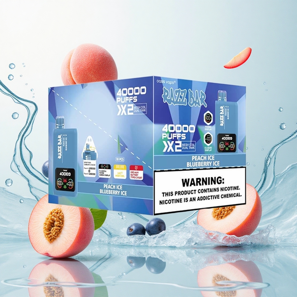 Razz Bar 40000 Puffs Eldobható E-Cigi Őszibarack Jég _ Áfonya Jég, 650 Mah Akkumulátor, Type-C Port