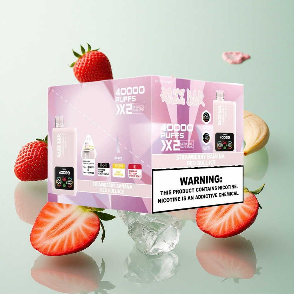 Razz Bar 40000 Puffs Eldobható E-cigaretta Eper-Banán_Vörös Bika Jég – 40000 Puffs, 650 Mah Akku