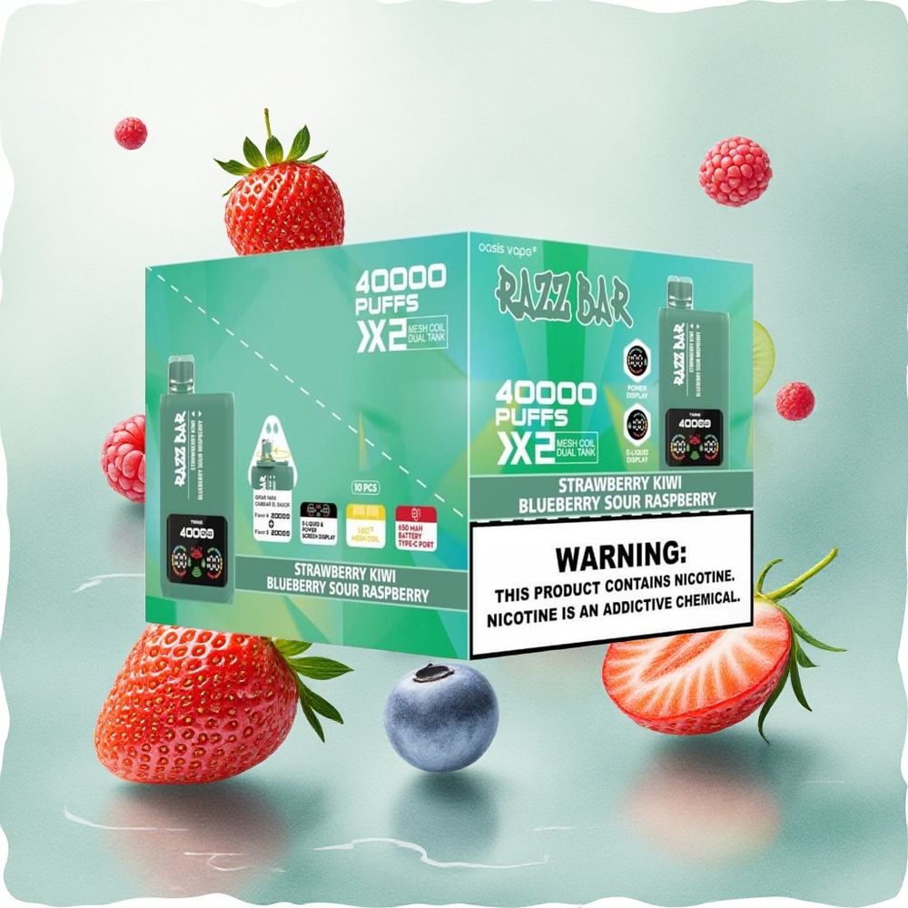 Razz Bar 40000 Puffs Eldobható E-cigaretta Eper-Kivi_Kékáfonya Savanyú Málna, Akkumulátor Kijelző, 650 mAh Type-C Port