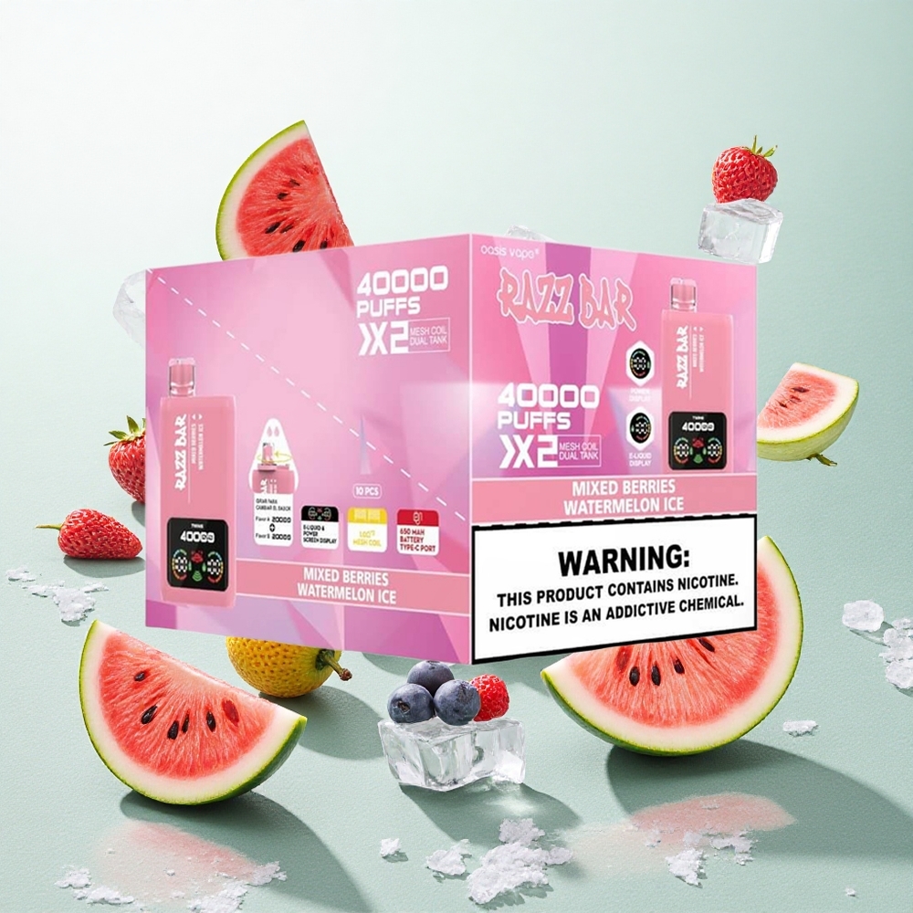 Razz Bar 40000 Puffs Eldobható E-cigaretta Vegyesbogyós_Görögdinnye Jég 40000 Puffs Power Screen Kijelző