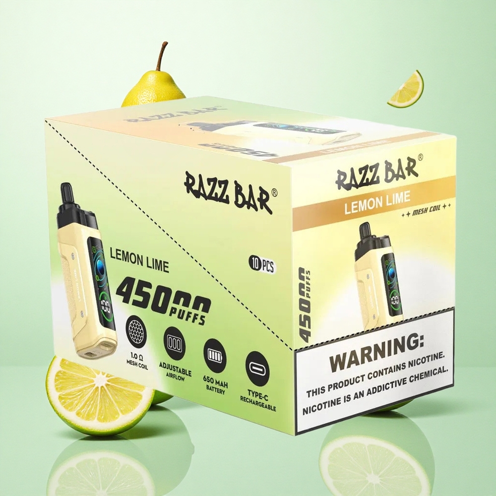 Razz Bar 45000 Puffs Eldobható E-cigaretta Citromlágyító Íz, 1.0 Ohm Hálós Coil és Állítható Légáramlás