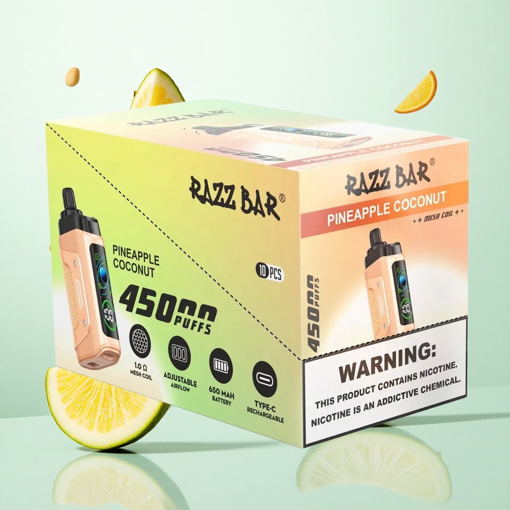 Razz Bar 45000 Puffs Eldobható Vape Ananász-Kókusz Íz, Beállítható Légáramlással és 20 mg/ml Nikotinerősség