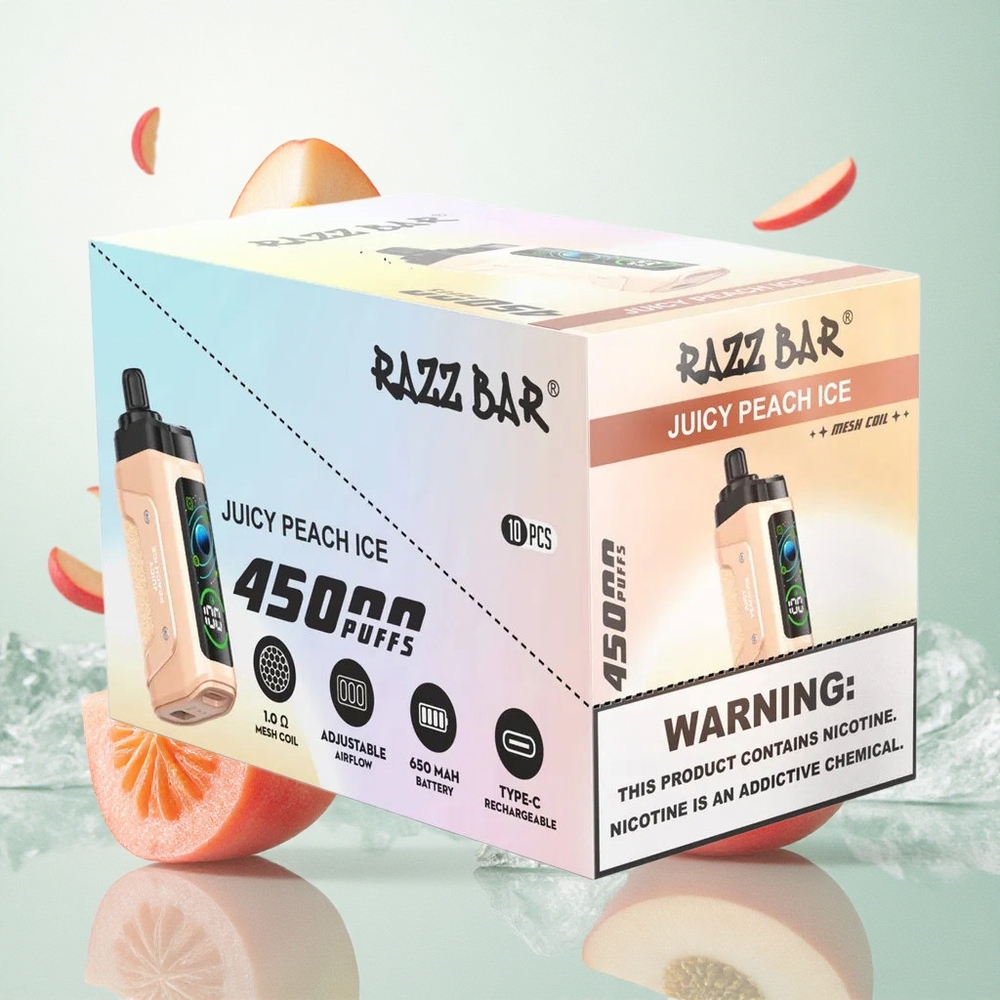 Razz Bar 45000 Puffs Eldobható Vape Jeges Őszibarack Íz, Beállítható Légáramlással és 1.0 Ohm Mesh Coillal