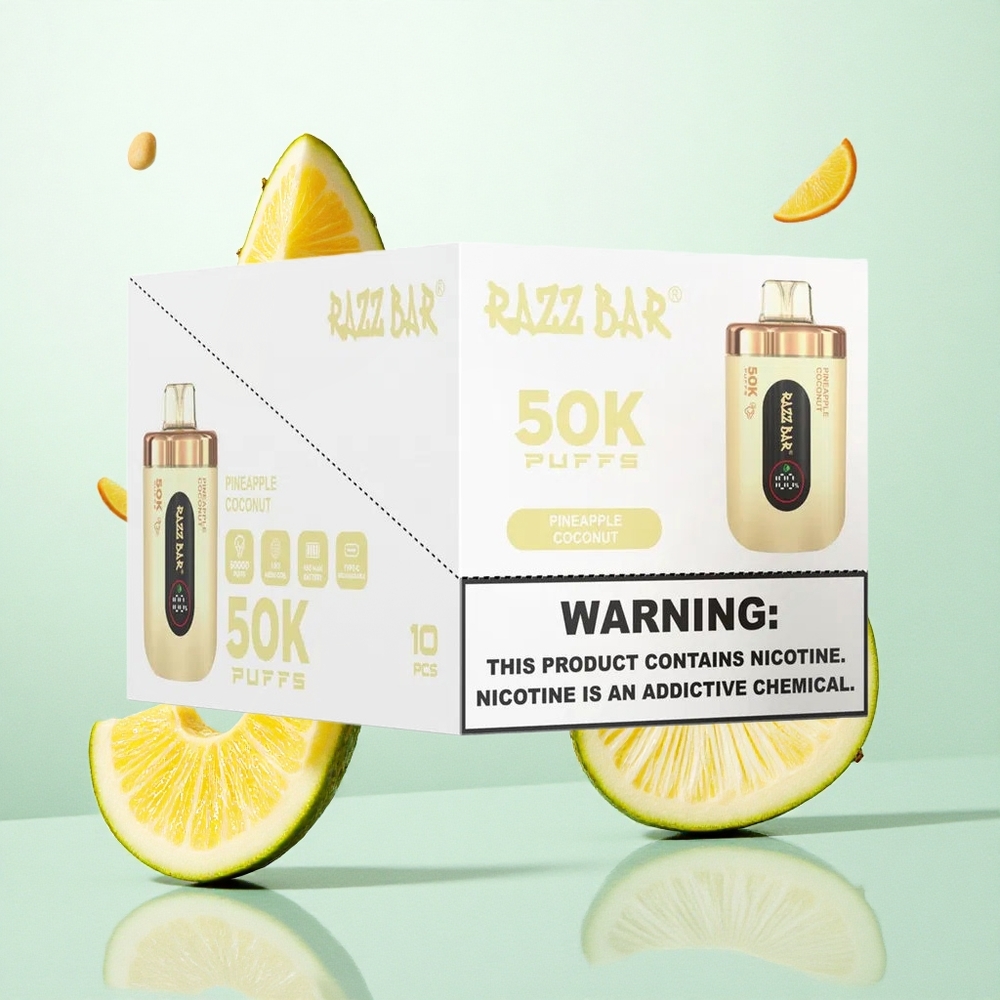Razz Bar 50K Puffs Eldobható E-cigaretta Ananász-Kókusz Íz, 50000 Puffs, 1.0 Ohm Mesh Coil