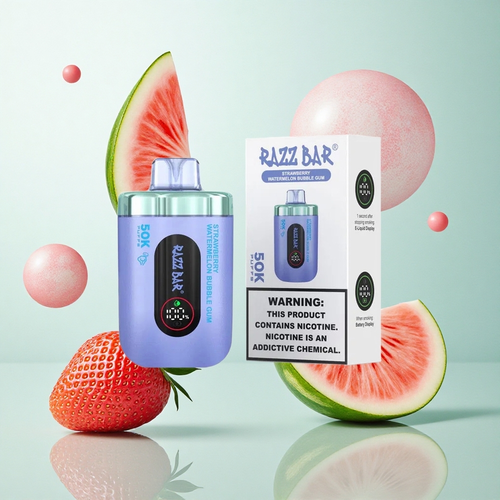 Razz Bar 50K Puffs Eldobható E-cigaretta Eper Görögdinnye Buborékrággal, 50000 Puffsig, 1.0 Ohm Mesh Coil