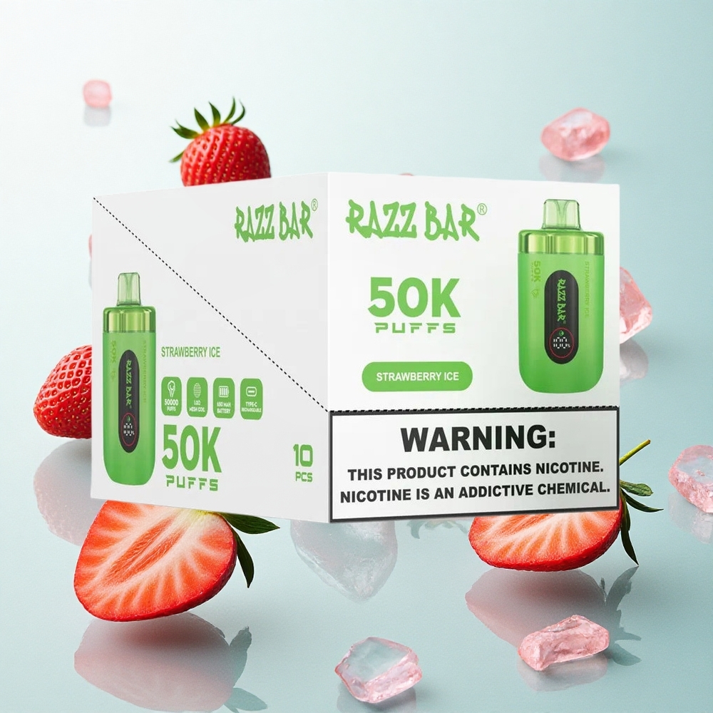 Razz Bar 50K Puffs Eldobható E-cigaretta Eper Jég, 50000 Puffs, 650 Mah Akku