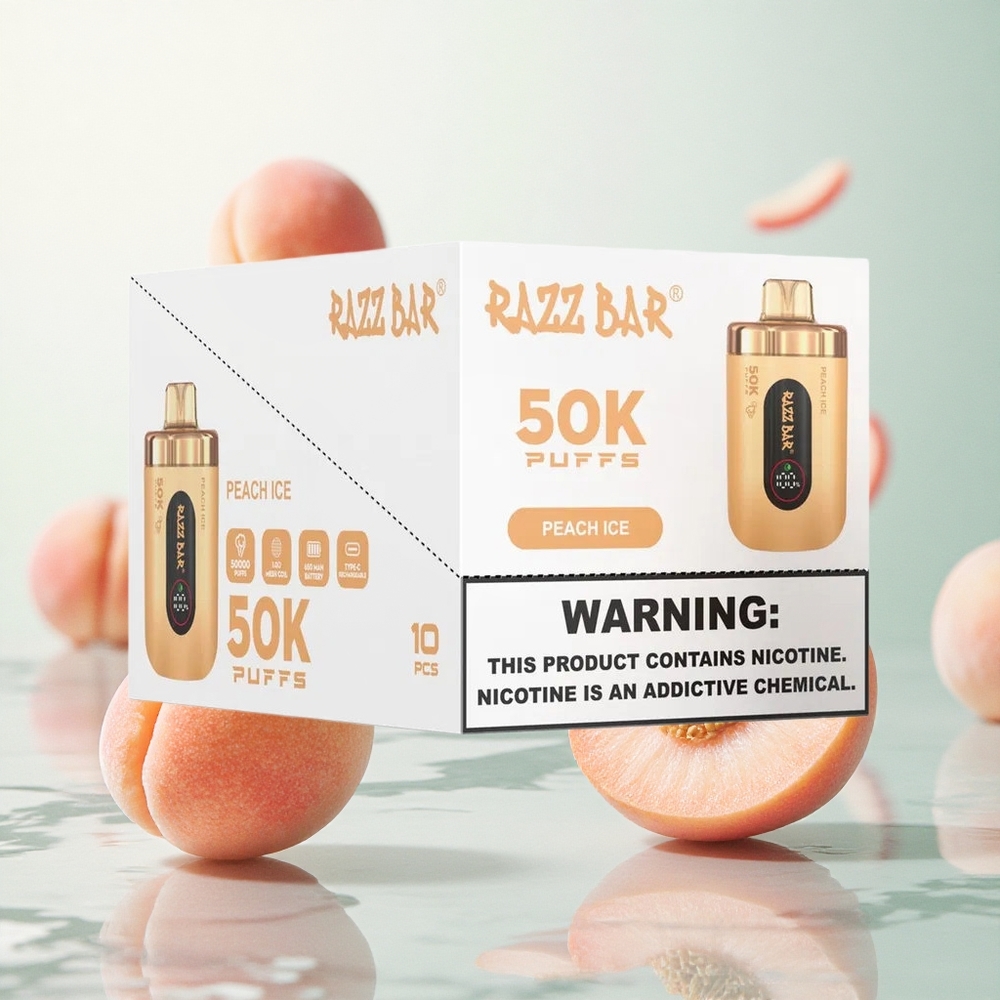Razz Bar 50K Puffs Eldobható E-cigaretta Őszibarack Jég 1,0 Ohm Mesh Coil